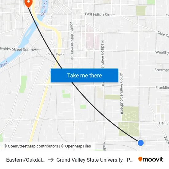 Eastern/Oakdale (Nb) to Grand Valley State University - Pew Campus map