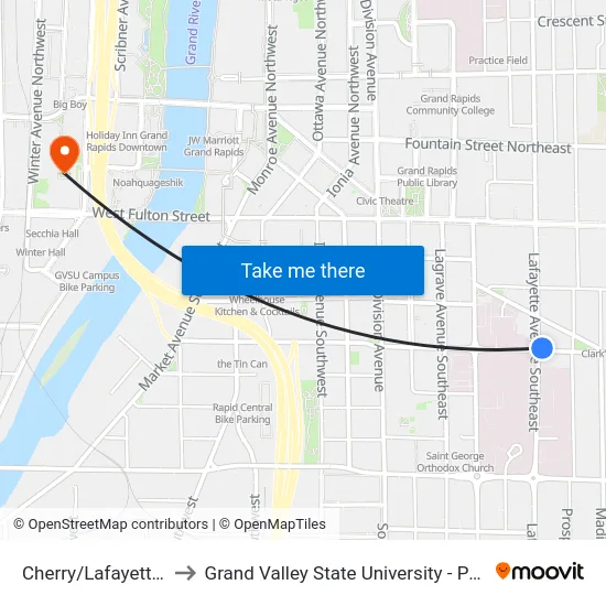 Cherry/Lafayette (Wb) to Grand Valley State University - Pew Campus map