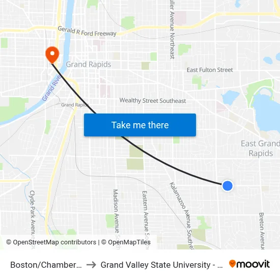 Boston/Chamberlain (Eb) to Grand Valley State University - Pew Campus map