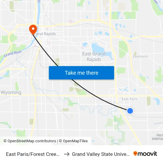 East Paris/Forest Creek Apartments (Nb) to Grand Valley State University - Pew Campus map