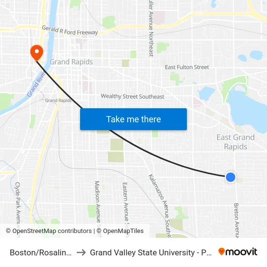 Boston/Rosalind (Wb) to Grand Valley State University - Pew Campus map