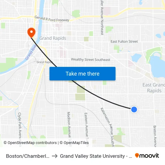 Boston/Chamberlain (Wb) to Grand Valley State University - Pew Campus map