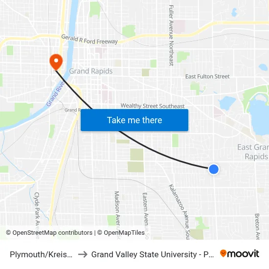 Plymouth/Kreiser (Nb) to Grand Valley State University - Pew Campus map