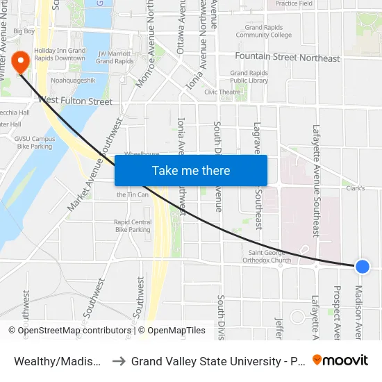 Wealthy/Madison (Wb) to Grand Valley State University - Pew Campus map