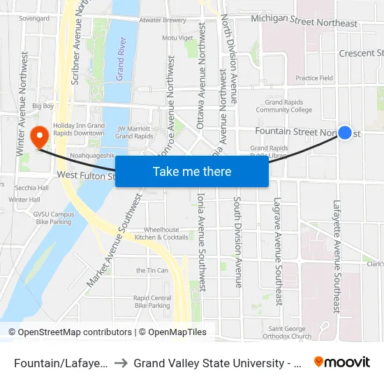 Fountain/Lafayette (Eb) to Grand Valley State University - Pew Campus map