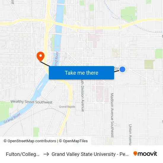 Fulton/College (Eb) to Grand Valley State University - Pew Campus map