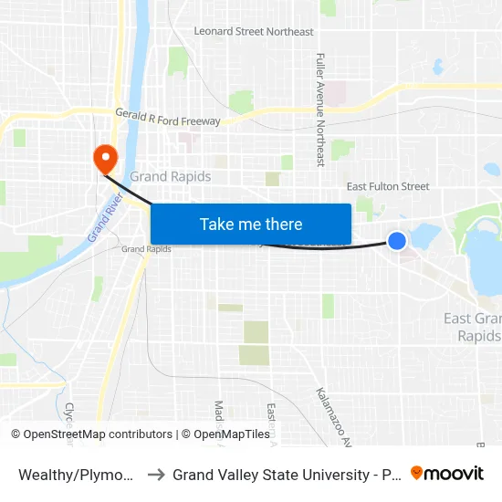 Wealthy/Plymouth (Eb) to Grand Valley State University - Pew Campus map