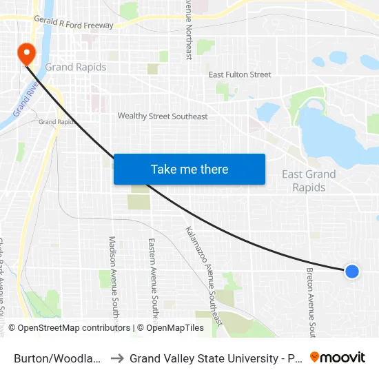 Burton/Woodlawn (Eb) to Grand Valley State University - Pew Campus map