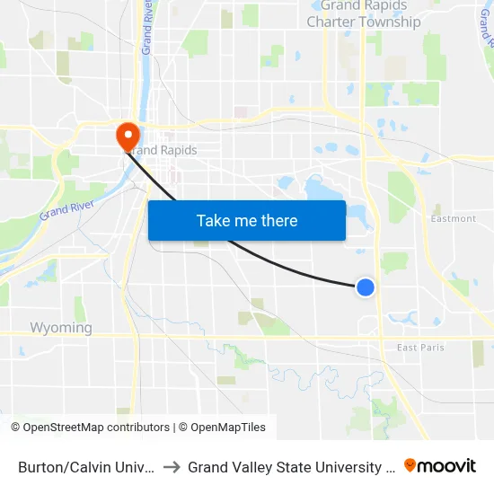 Burton/Calvin University (Eb) to Grand Valley State University - Pew Campus map
