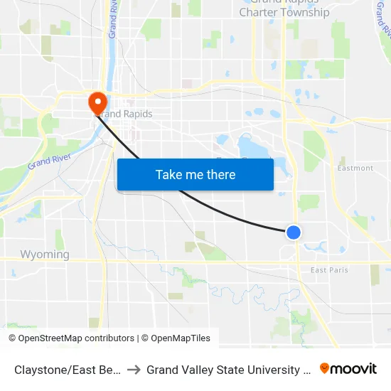 Claystone/East Beltline (Eb) to Grand Valley State University - Pew Campus map