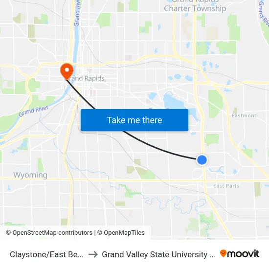 Claystone/East Beltline (Wb) to Grand Valley State University - Pew Campus map