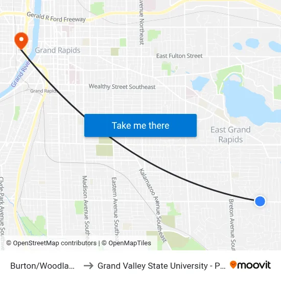 Burton/Woodlawn (Wb) to Grand Valley State University - Pew Campus map