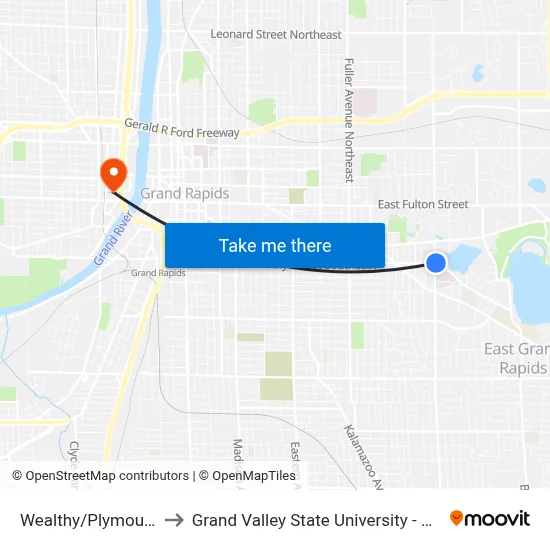 Wealthy/Plymouth (Wb) to Grand Valley State University - Pew Campus map