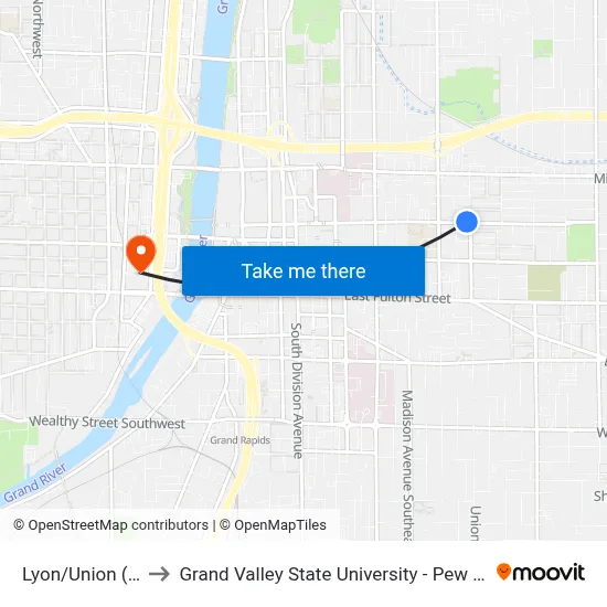 Lyon/Union (Wb) to Grand Valley State University - Pew Campus map
