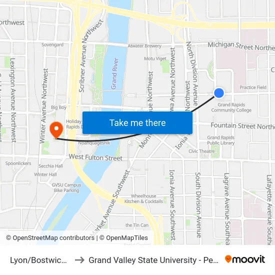 Lyon/Bostwick (Wb) to Grand Valley State University - Pew Campus map