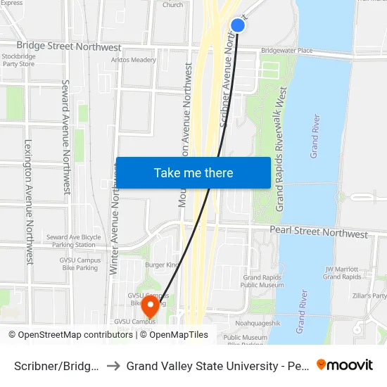 Scribner/Bridge (Nb) to Grand Valley State University - Pew Campus map