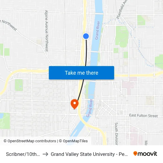 Scribner/10th (Nb) to Grand Valley State University - Pew Campus map