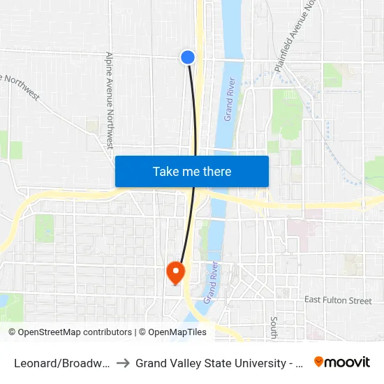 Leonard/Broadway (Wb) to Grand Valley State University - Pew Campus map