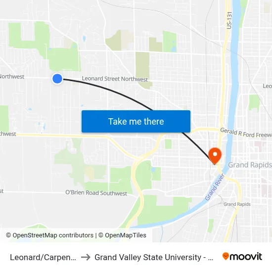 Leonard/Carpenter (Eb) to Grand Valley State University - Pew Campus map