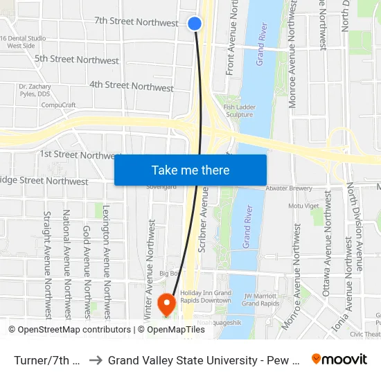 Turner/7th (Sb) to Grand Valley State University - Pew Campus map