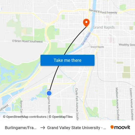 Burlingame/Franco (Sb) to Grand Valley State University - Pew Campus map