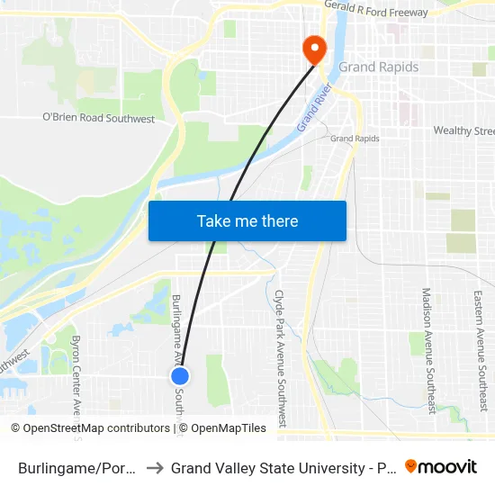 Burlingame/Porter (Sb) to Grand Valley State University - Pew Campus map
