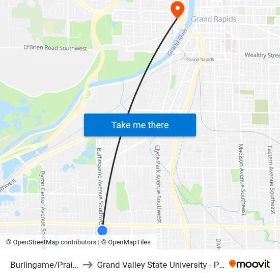 Burlingame/Prairie (Sb) to Grand Valley State University - Pew Campus map