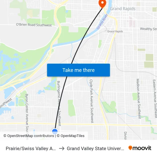 Prairie/Swiss Valley Apartments  (Wb) to Grand Valley State University - Pew Campus map