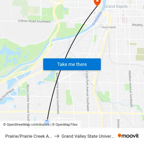 Prairie/Prairie Creek Apartments (Wb) to Grand Valley State University - Pew Campus map
