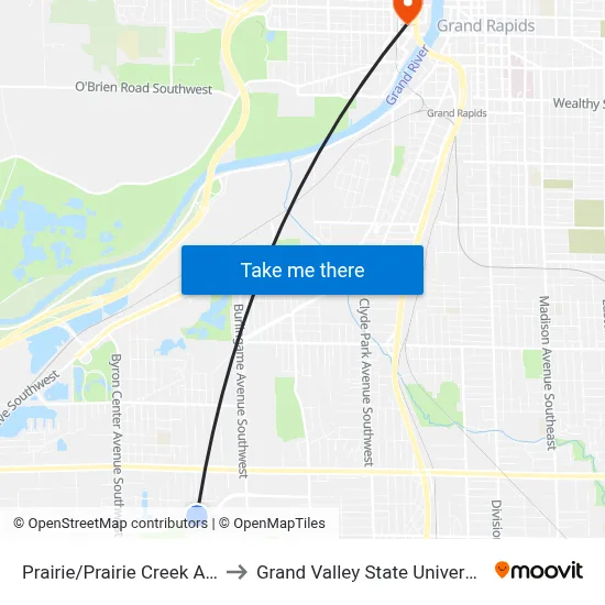 Prairie/Prairie Creek Apartments (Eb) to Grand Valley State University - Pew Campus map