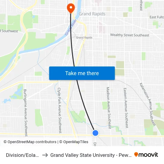 Division/Eola (Nb) to Grand Valley State University - Pew Campus map