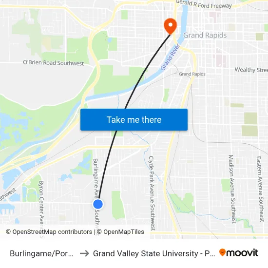 Burlingame/Porter (Nb) to Grand Valley State University - Pew Campus map