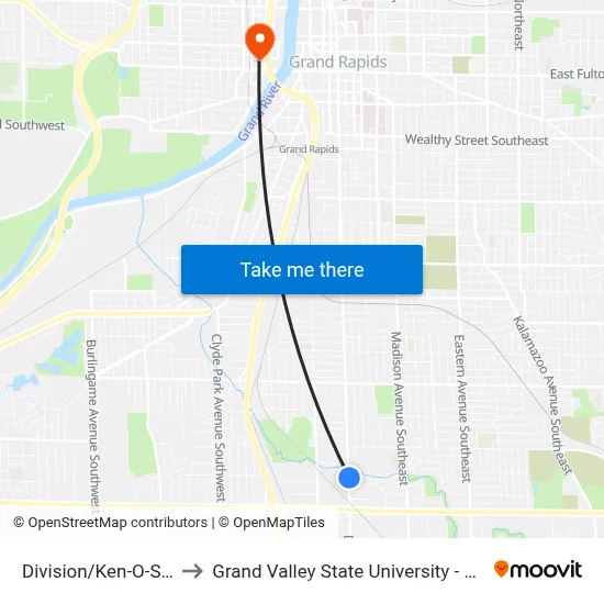 Division/Ken-O-Sha (Nb) to Grand Valley State University - Pew Campus map