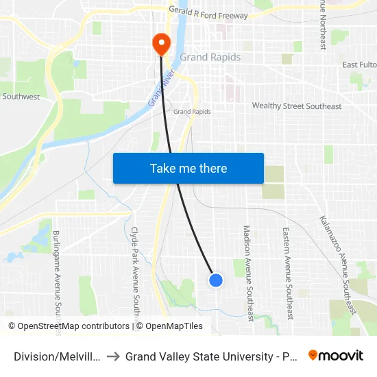 Division/Melville (Nb) to Grand Valley State University - Pew Campus map