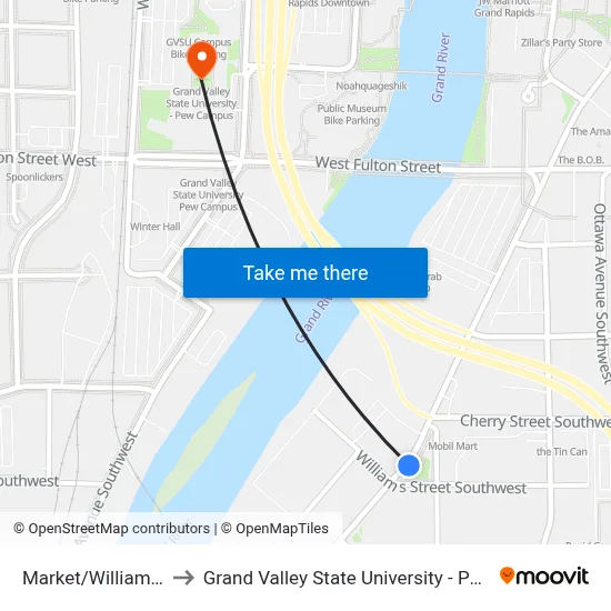 Market/Williams (Nb) to Grand Valley State University - Pew Campus map