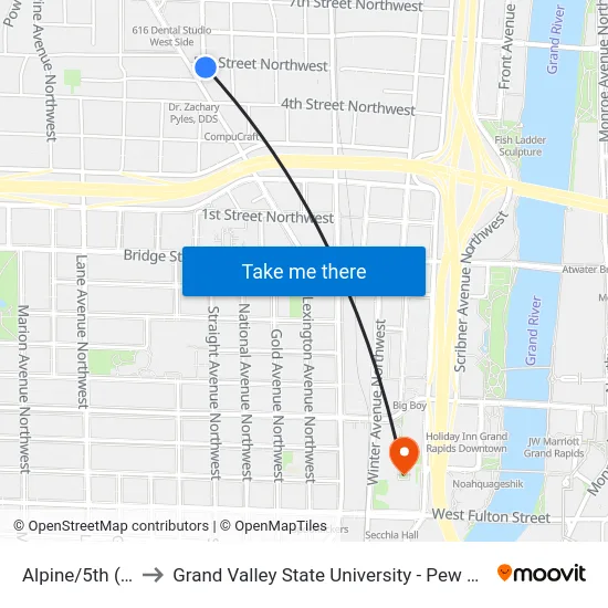 Alpine/5th (Nb) to Grand Valley State University - Pew Campus map