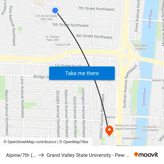 Alpine/7th (Nb) to Grand Valley State University - Pew Campus map