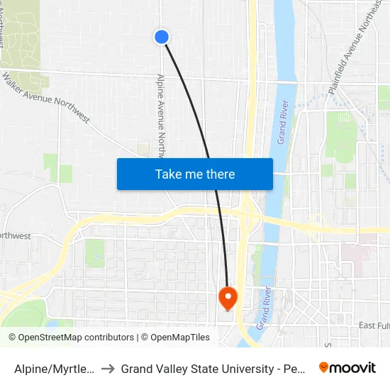 Alpine/Myrtle (Nb) to Grand Valley State University - Pew Campus map