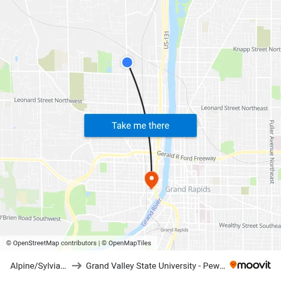 Alpine/Sylvia (Nb) to Grand Valley State University - Pew Campus map