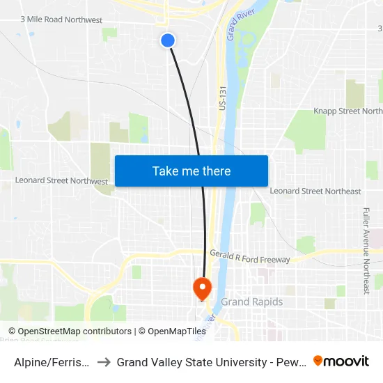 Alpine/Ferris (Nb) to Grand Valley State University - Pew Campus map