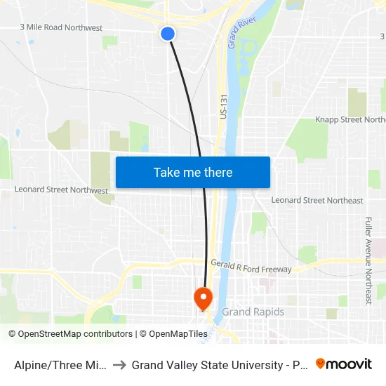 Alpine/Three Mile (Nb) to Grand Valley State University - Pew Campus map