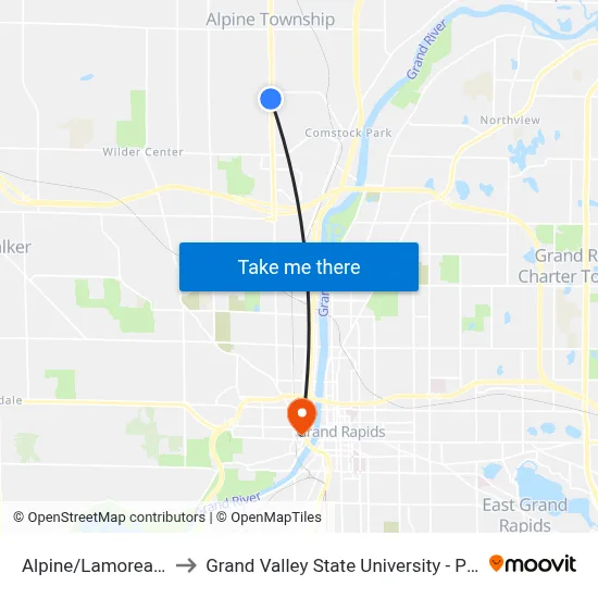 Alpine/Lamoreaux (Sb) to Grand Valley State University - Pew Campus map