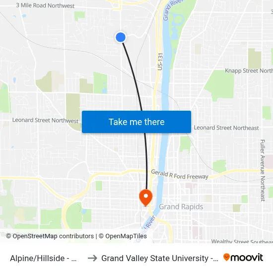 Alpine/Hillside - Meijer (Sb) to Grand Valley State University - Pew Campus map