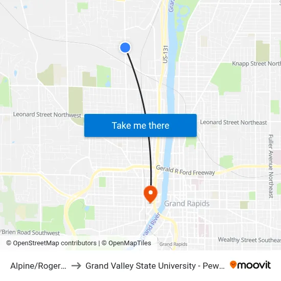 Alpine/Roger (Sb) to Grand Valley State University - Pew Campus map