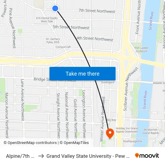 Alpine/7th (Sb) to Grand Valley State University - Pew Campus map