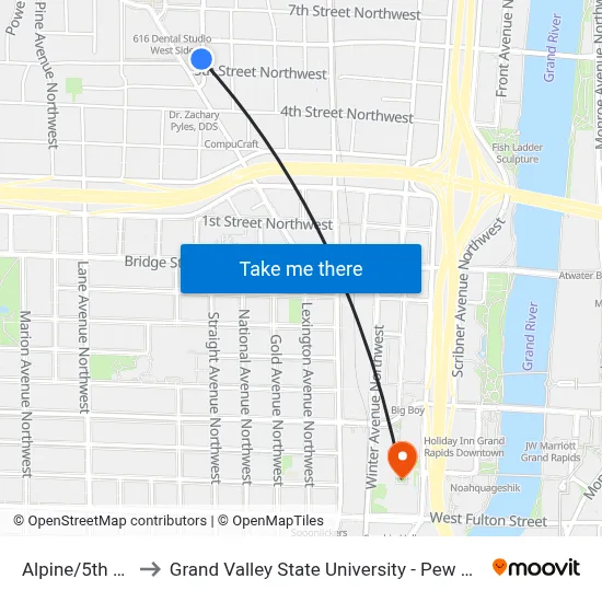 Alpine/5th (Sb) to Grand Valley State University - Pew Campus map