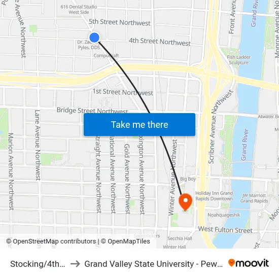 Stocking/4th (Sb) to Grand Valley State University - Pew Campus map