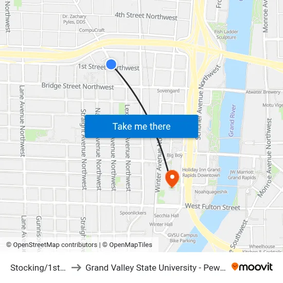 Stocking/1st (Sb) to Grand Valley State University - Pew Campus map