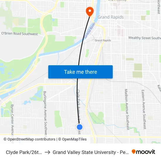 Clyde Park/26th (Sb) to Grand Valley State University - Pew Campus map