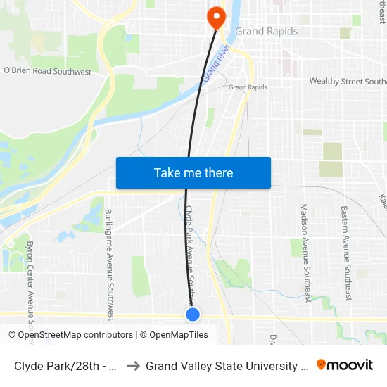 Clyde Park/28th - North (Sb) to Grand Valley State University - Pew Campus map